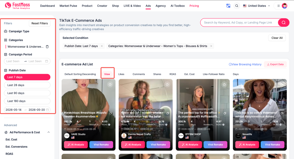 FastMoss TikTok E-commerce Ads dashboard showing filters for publish date, category keywords, and an ad list sorted by views to analyze how to get more views on TikTok.