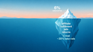 Iceberg infographic showing TikTok Shop seller costs: a visible 6% referral fee above the waterline, with affiliate commissions, fulfillment, ads, and returns submerged below, bringing the real seller take-rate to about 30% of the selling price.