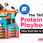 Cover graphic for "The TikTok Shop Protein Bar Playbook: Why Built Bar Is Winning," showing a Built Puff variety pack and assorted Built protein bar flavors beside the Built Bar and FastMoss logos, a TikTok Shop bag, and a rising sales chart.
