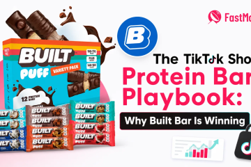 Cover graphic for "The TikTok Shop Protein Bar Playbook: Why Built Bar Is Winning," showing a Built Puff variety pack and assorted Built protein bar flavors beside the Built Bar and FastMoss logos, a TikTok Shop bag, and a rising sales chart.