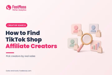 FastMoss blog cover with the headline How to Find TikTok Shop Affiliate Creators and the subtitle Pick creators by real sales, shown beside a magnifying glass over creator profile cards, shopping bags and a bar chart on a light pink background